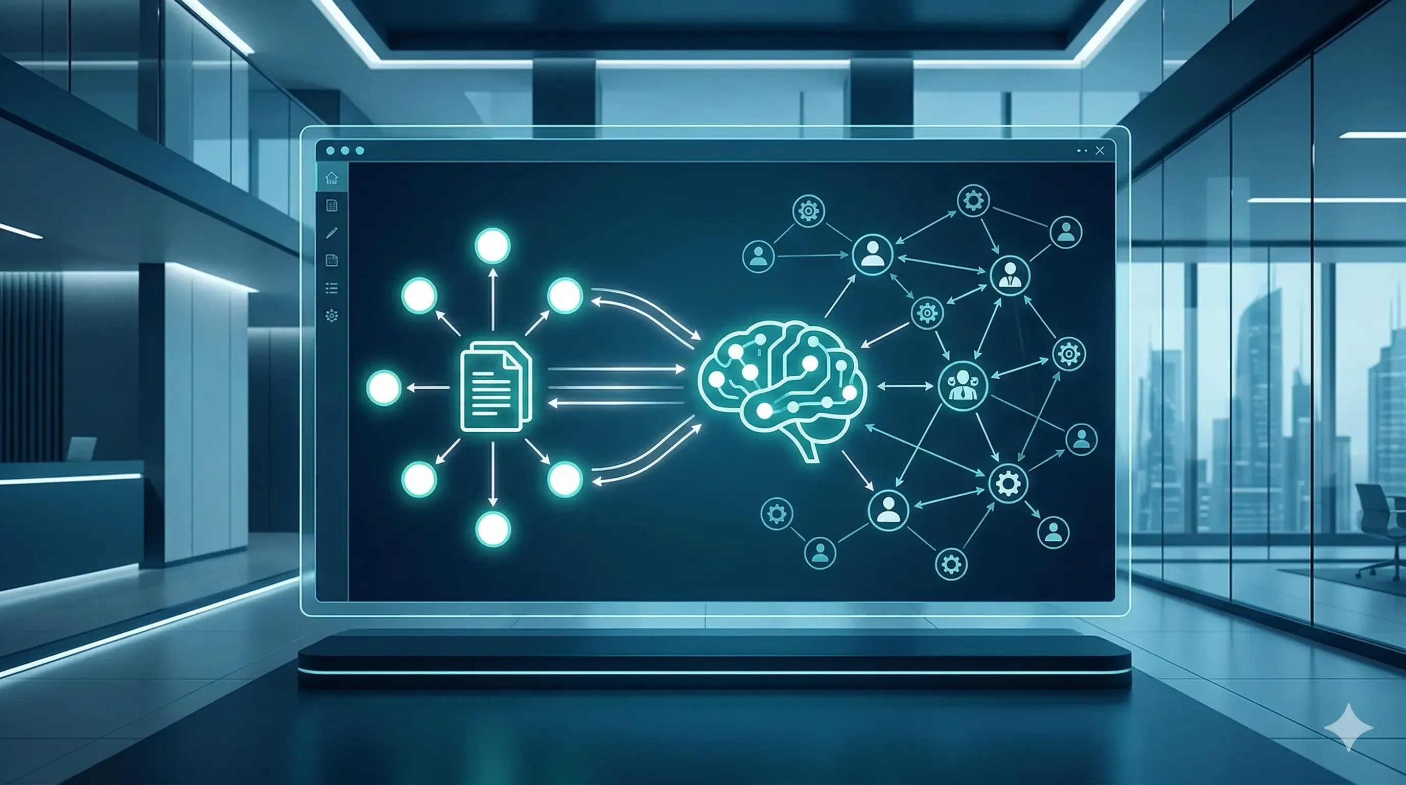 Un diagrama digital en una pantalla dentro de una oficina moderna muestra flechas moviéndose desde un conjunto de seis círculos blancos, con un ícono de dos páginas de papel en el centro del grupo, hacia un ícono de un cerebro.