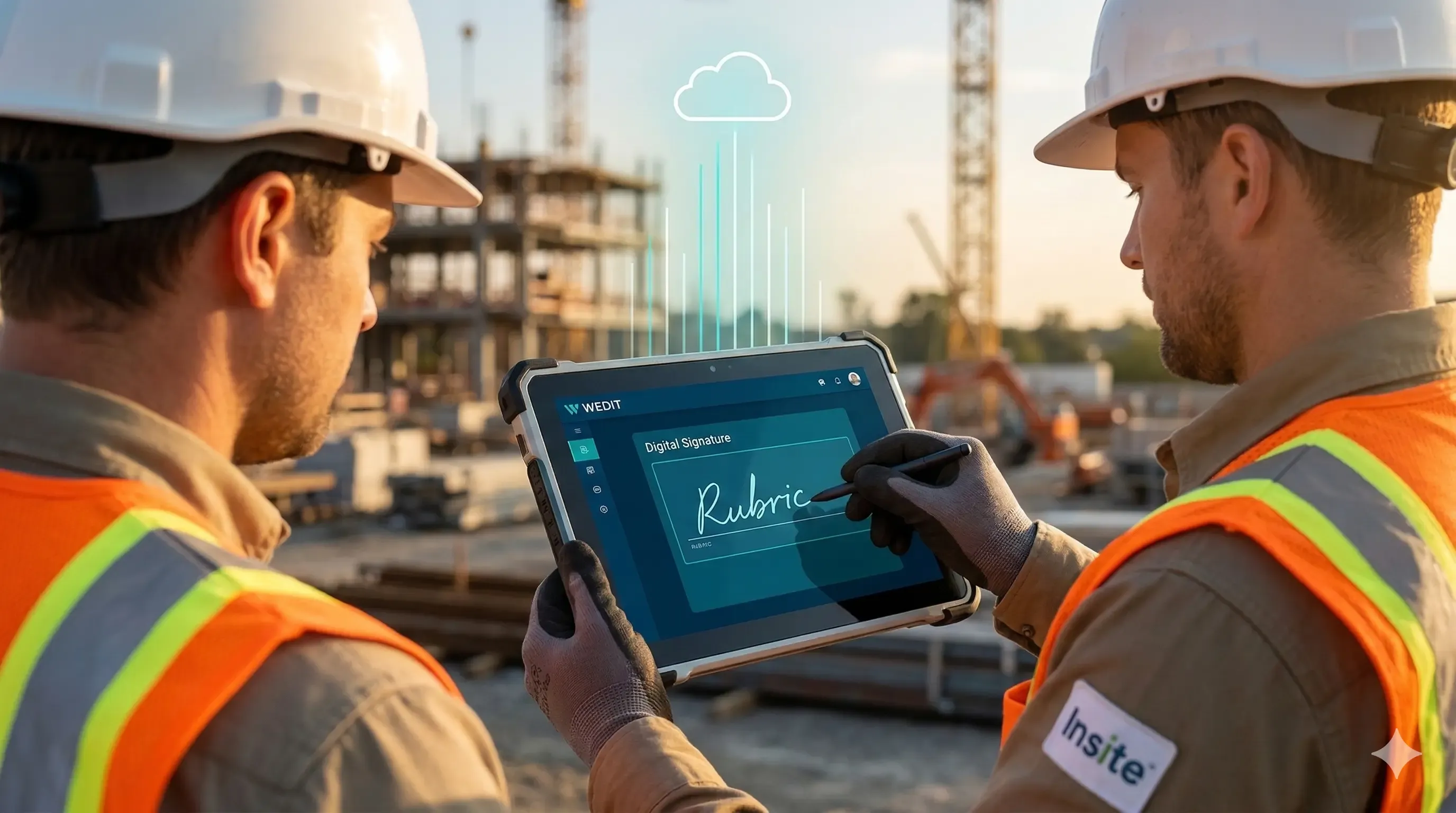 Primer plano de un trabajador de construcción usando una tablet para gestionar herramientas con el software InSite de WEDIT. La pantalla muestra un flujo de firma digital integrada de tufirma.digital, con una obra en construcción de fondo, simbolizando el control de activos sin papel y la trazabilidad total.
