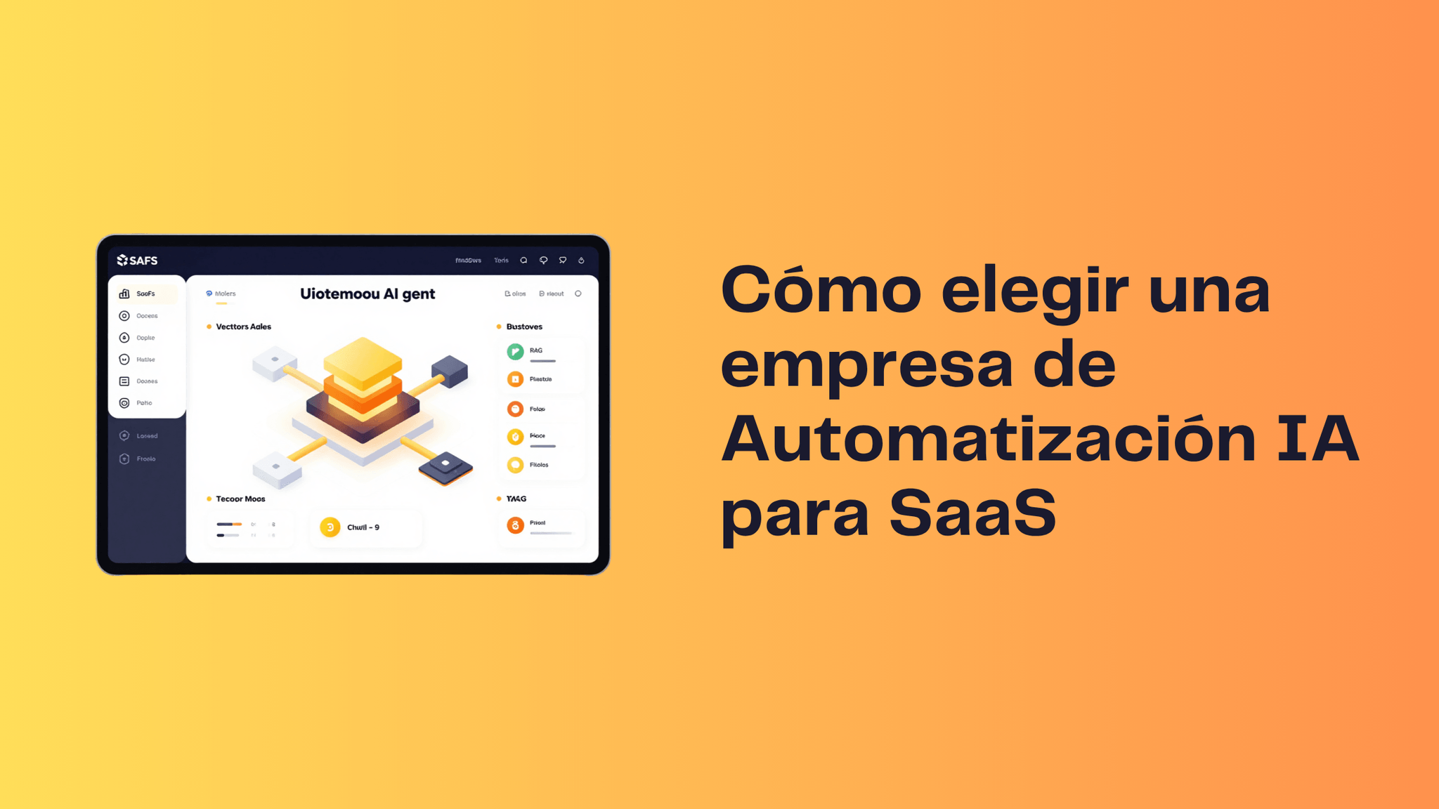Interfaz de un software SaaS moderno que muestra un diagrama arquitectónico de integración de un agente de IA autónomo, bases de datos vectoriales y flujos RAG con métricas de rendimiento en tiempo real.