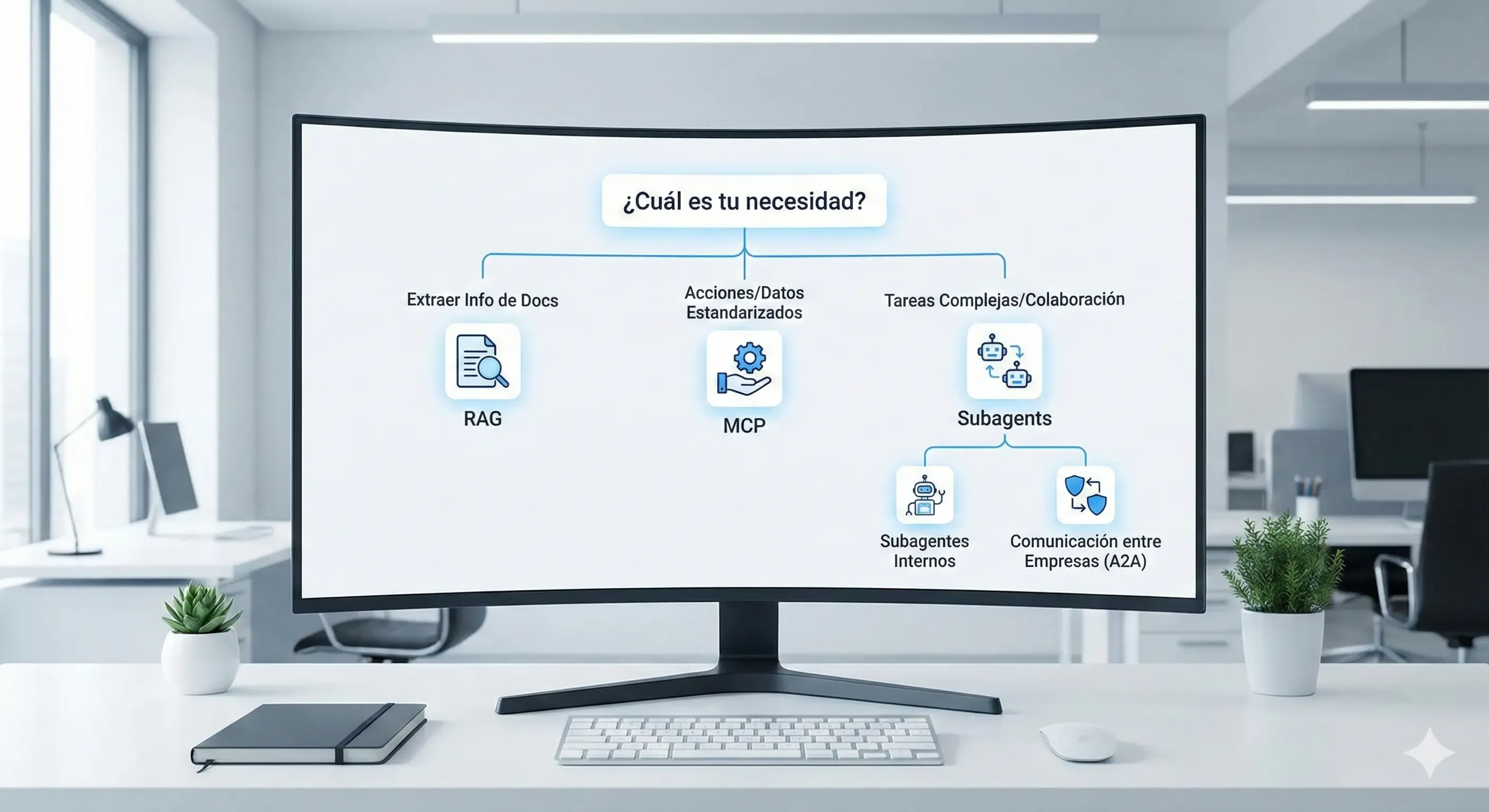 Diagrama de flujo en un monitor de oficina que explica cómo elegir la arquitectura de IA ideal: RAG para extraer información de documentos, MCP para acciones y datos estandarizados, y Subagentes o A2A para tareas complejas y colaboración entre empresas.