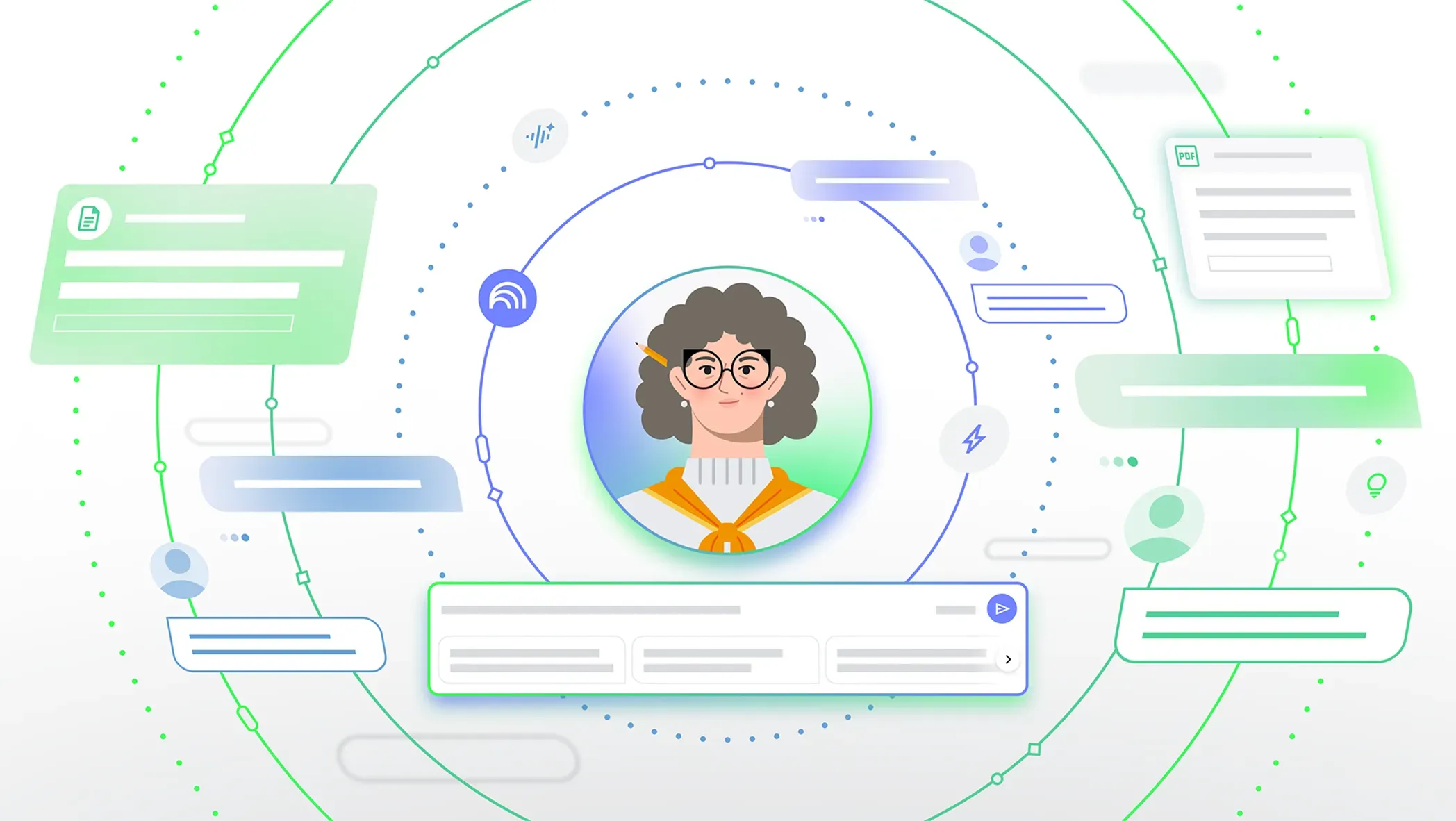 Ilustración estilizada de una persona en el centro de puntos de datos, mensajes y fragmentos de documentos interconectados, que representan información procesada por IA.